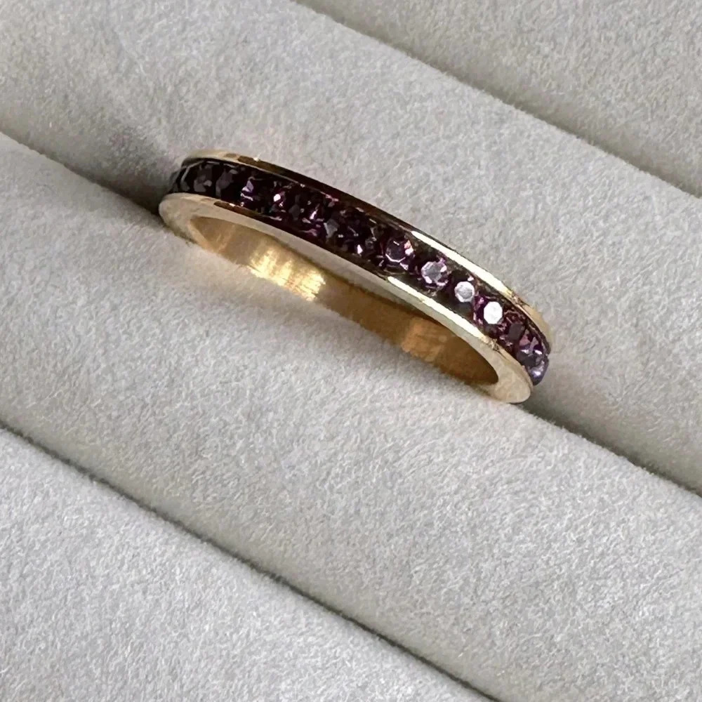 Purple Amethyst Colored CZ 18k Gold Stainless Steel Eternity Band Ring February - Picture 3 of 9